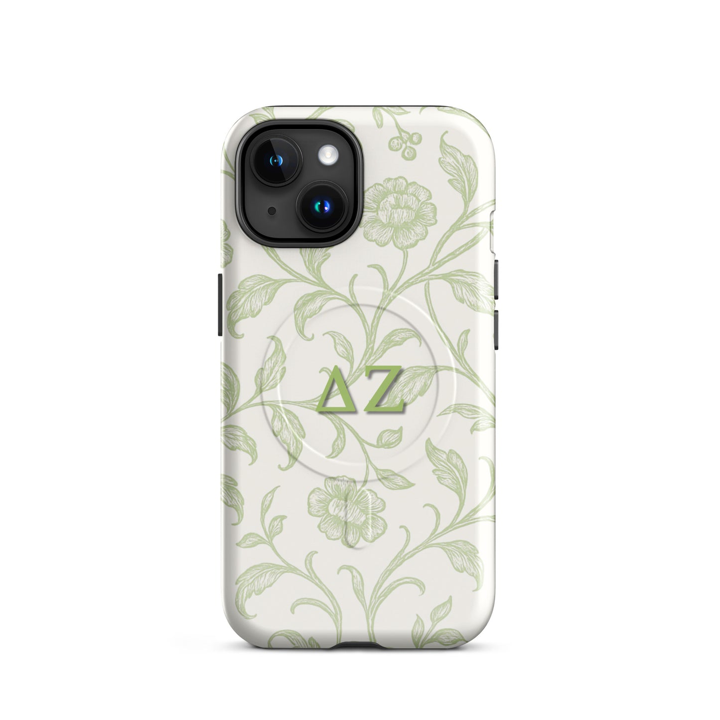 Delta Zeta iPhone 15 case with soft green floral pattern and ΔΖ Greek letters
