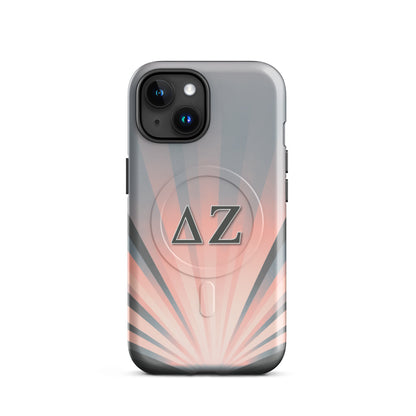 Delta Zeta iPhone 15 MagSafe case pink and gray sunburst with ΔΖ Greek letters glossy or matte finish