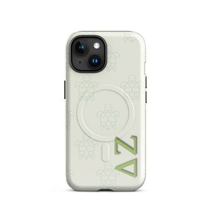 Delta Zeta iPhone 15 case with soft green turtle design and ΔΖ Greek letters