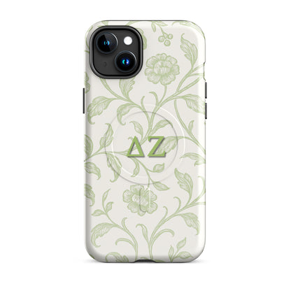 Delta Zeta phone case green botanical design MagSafe compatible tough cover glossy or matte shown on iPhone 15 Plus