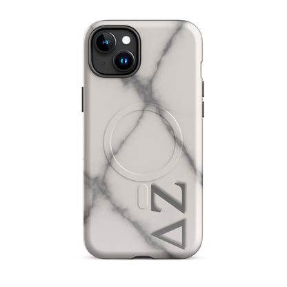 Delta Zeta iPhone 15 Plus MagSafe case white gray marble with ΔΖ letters glossy or matte