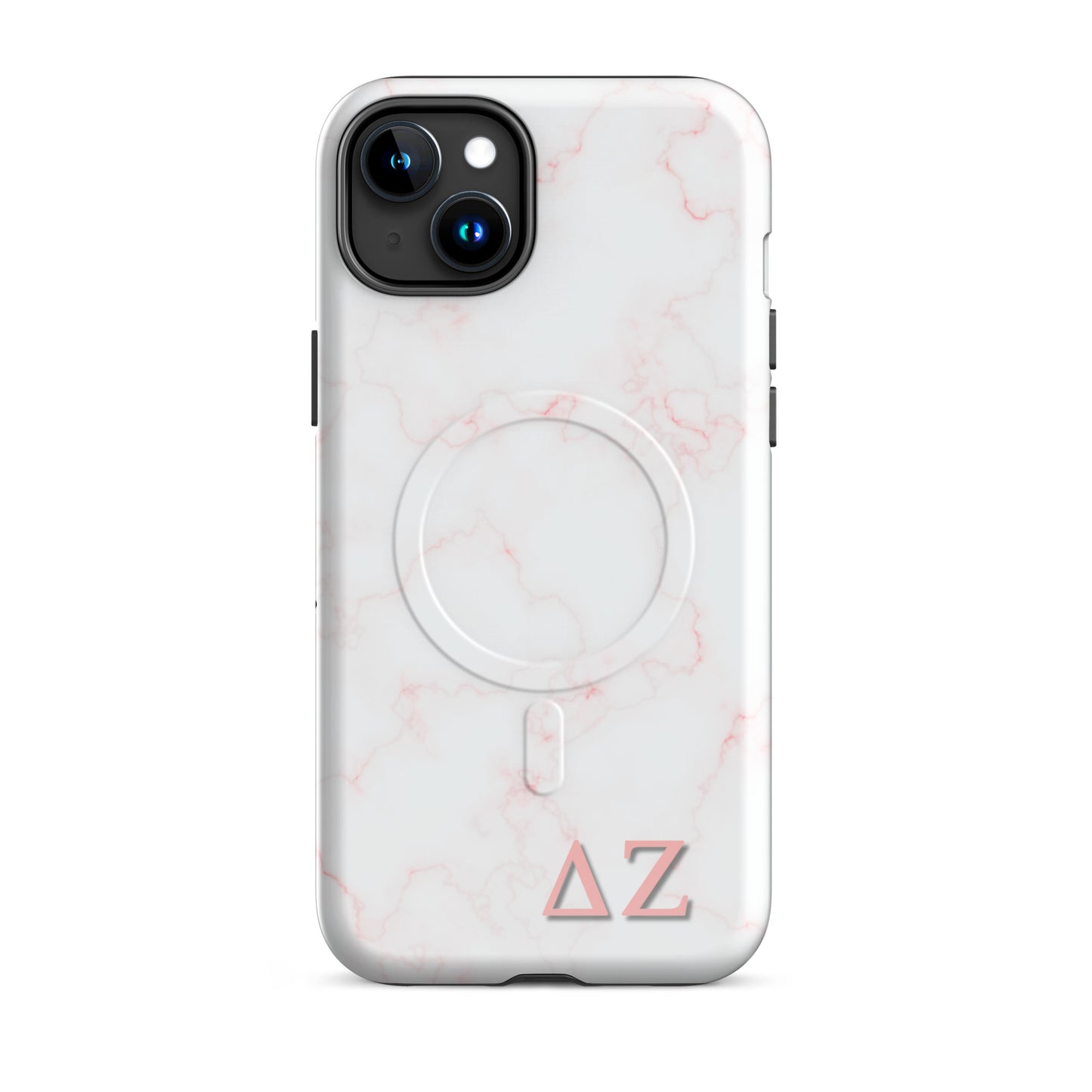Delta Zeta iPhone 15 Plus case with soft pink marble pattern and ΔΖ Greek letters