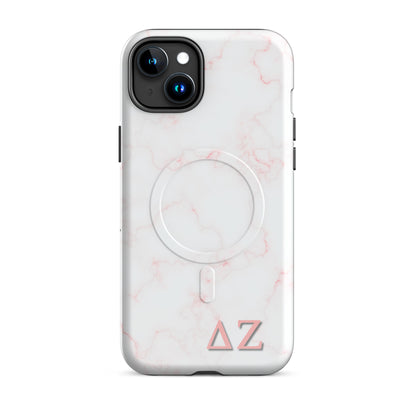 Delta Zeta iPhone 15 Plus case with soft pink marble pattern and ΔΖ Greek letters