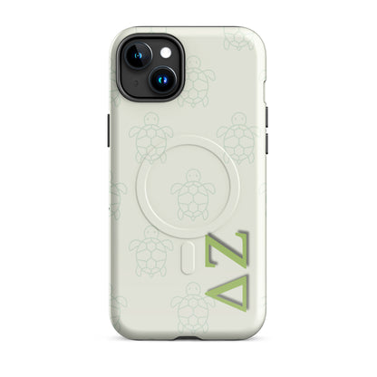 Delta Zeta phone case turtle pattern MagSafe compatible tough cover glossy or matte shown on iPhone 15 Plus