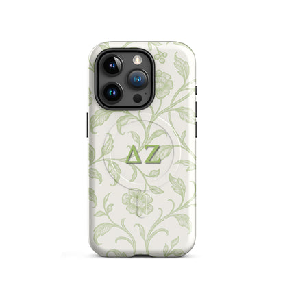 Delta Zeta green floral iPhone 15 Pro MagSafe case with ΔΖ letters glossy or matte