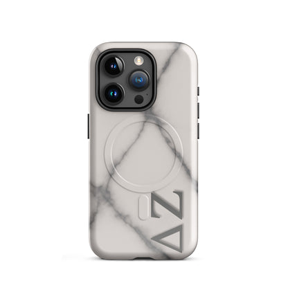 Delta Zeta marble iPhone 15 Pro case with white gray stone pattern and ΔΖ Greek letters