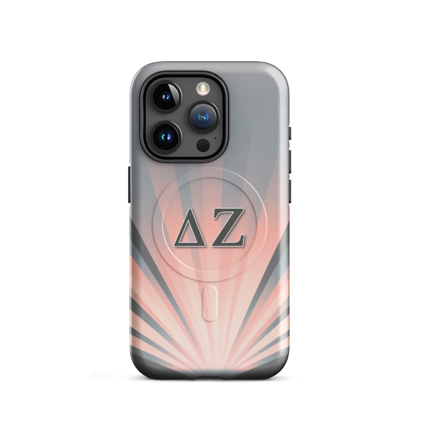 Delta Zeta matte iPhone 15 Pro case with soft pink and gray rays and ΔΖ letters MagSafe tough cover