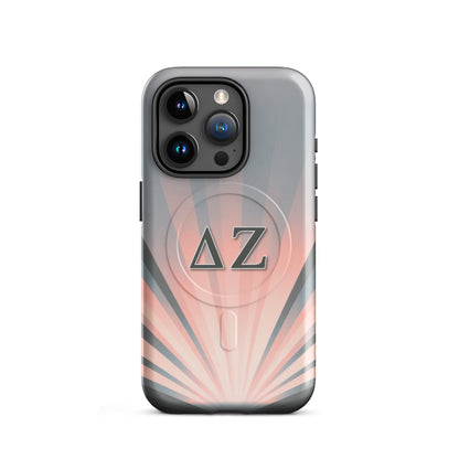 Delta Zeta matte iPhone 15 Pro case with soft pink and gray rays and ΔΖ letters MagSafe tough cover