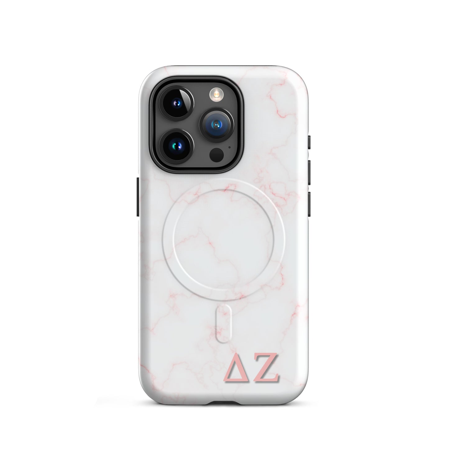 Delta Zeta phone case pink marble design MagSafe compatible tough cover glossy or matte shown on iPhone 15 Pro