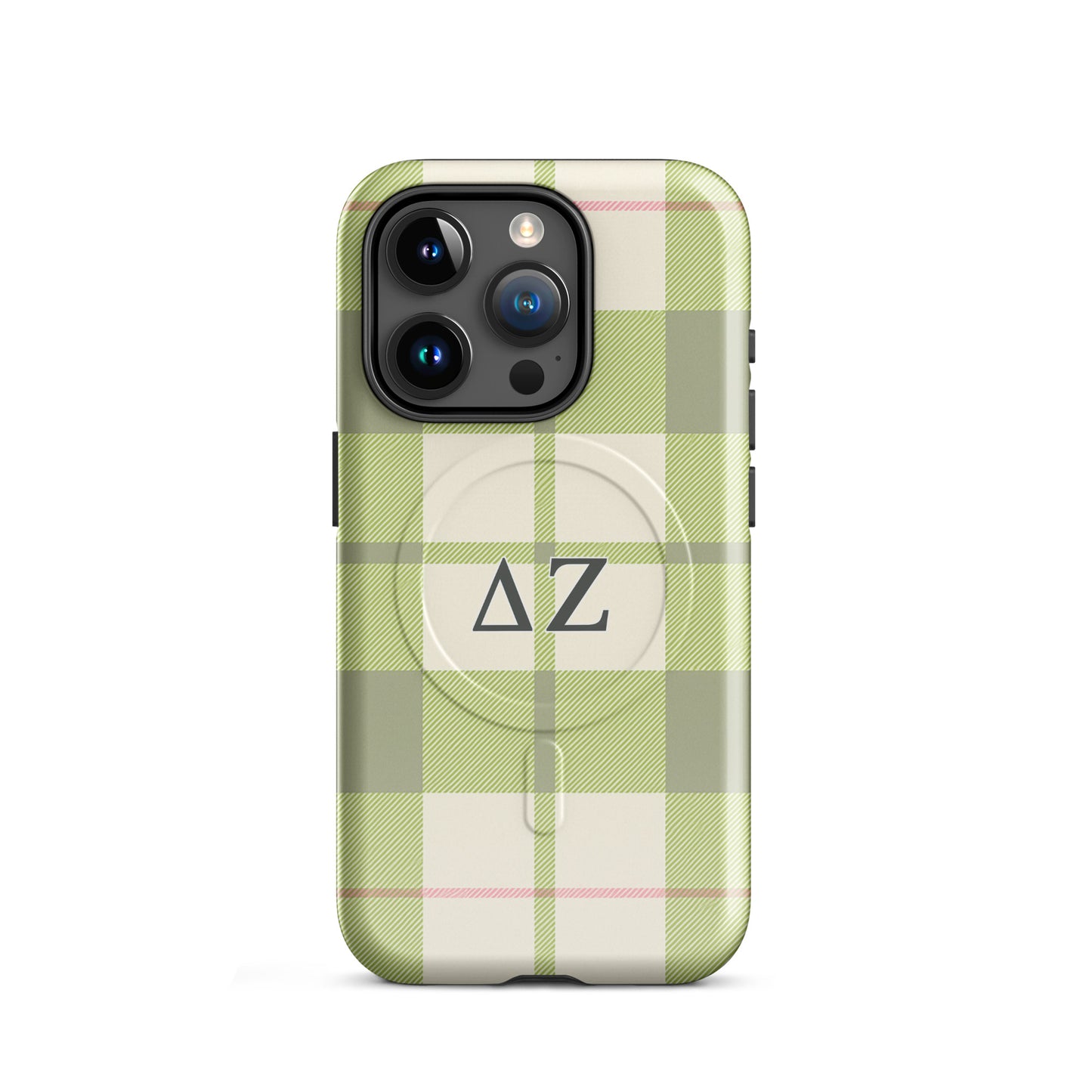 Delta Zeta iPhone 15 Pro case with green plaid pattern and ΔΖ Greek letters