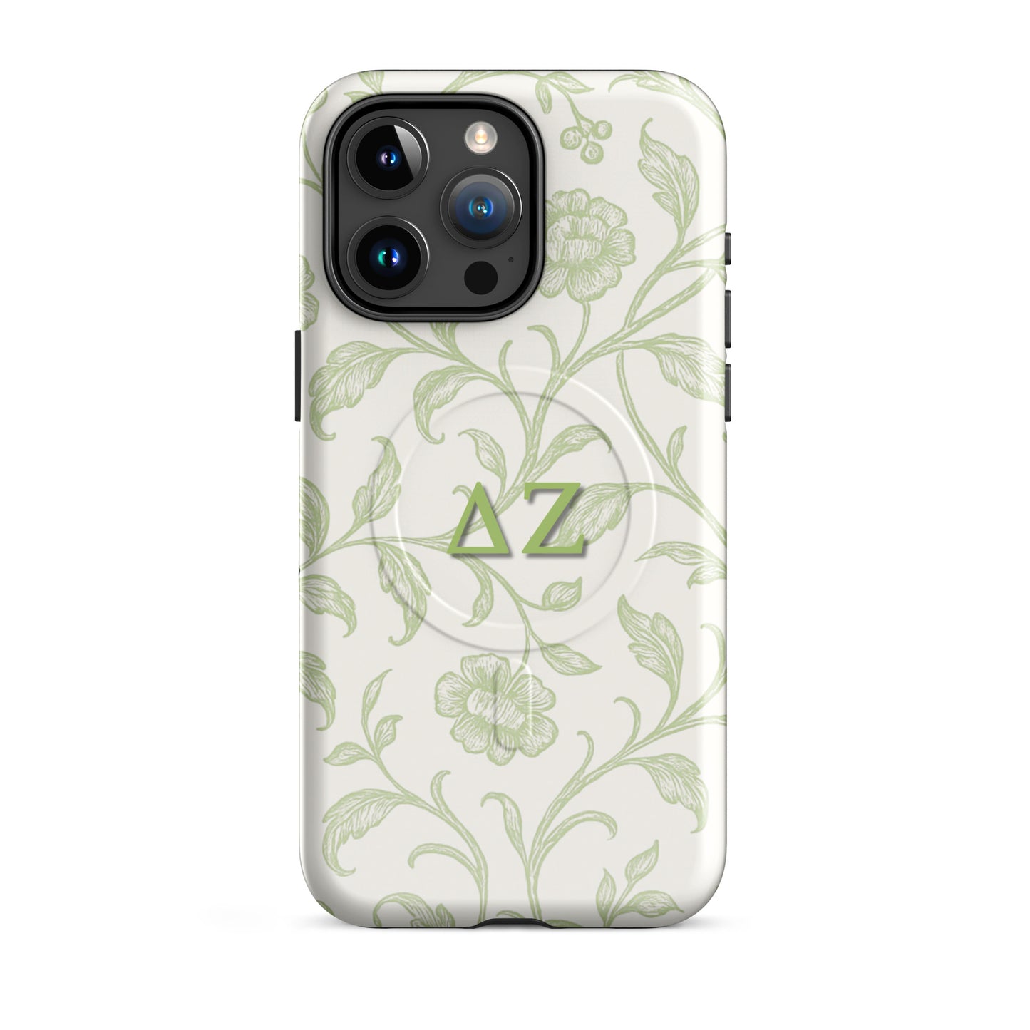 Delta Zeta iPhone 15 Pro Max case with soft green floral pattern and ΔΖ Greek letters
