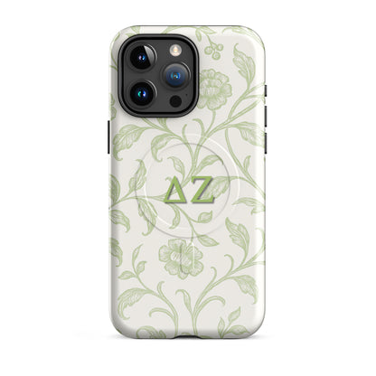 Delta Zeta iPhone 15 Pro Max case with soft green floral pattern and ΔΖ Greek letters