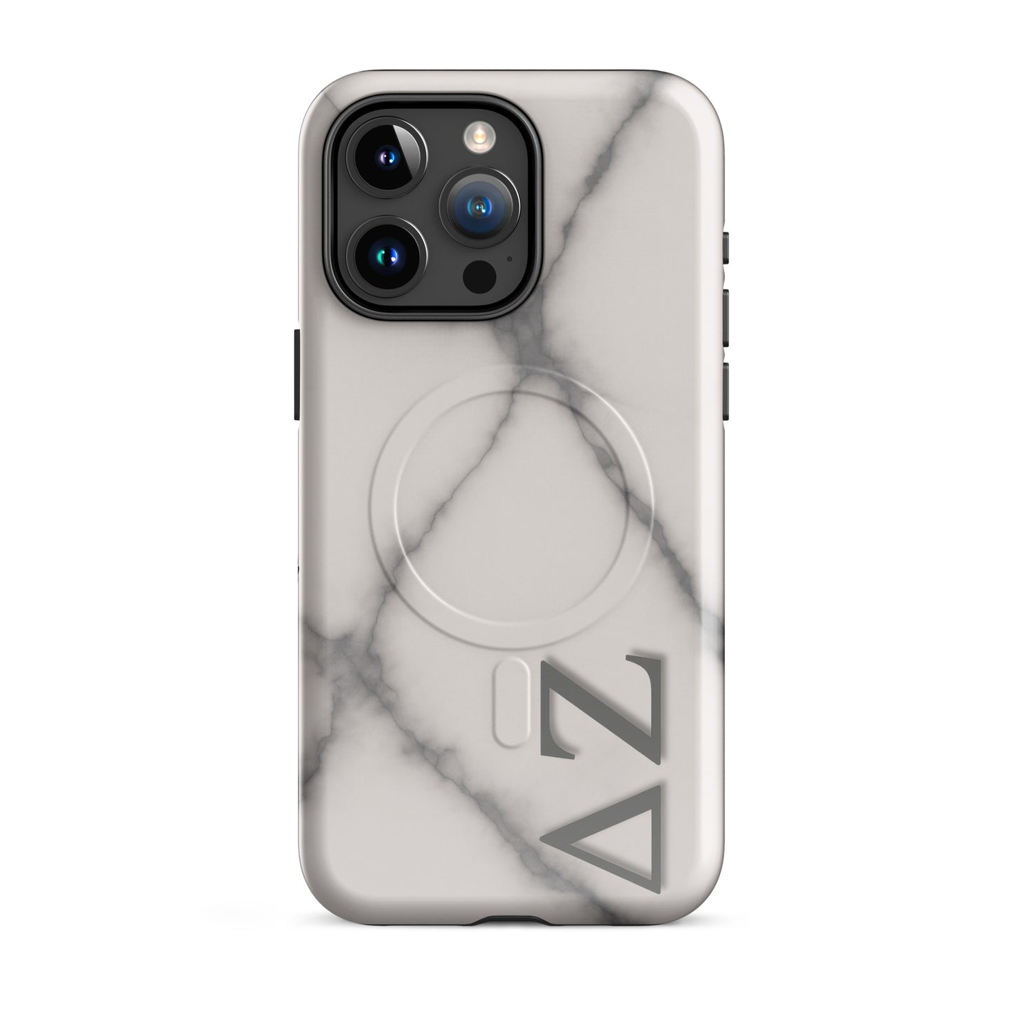 Delta Zeta phone case with marble design MagSafe compatible tough cover in glossy or matte finish for iPhone 15 Pro Max