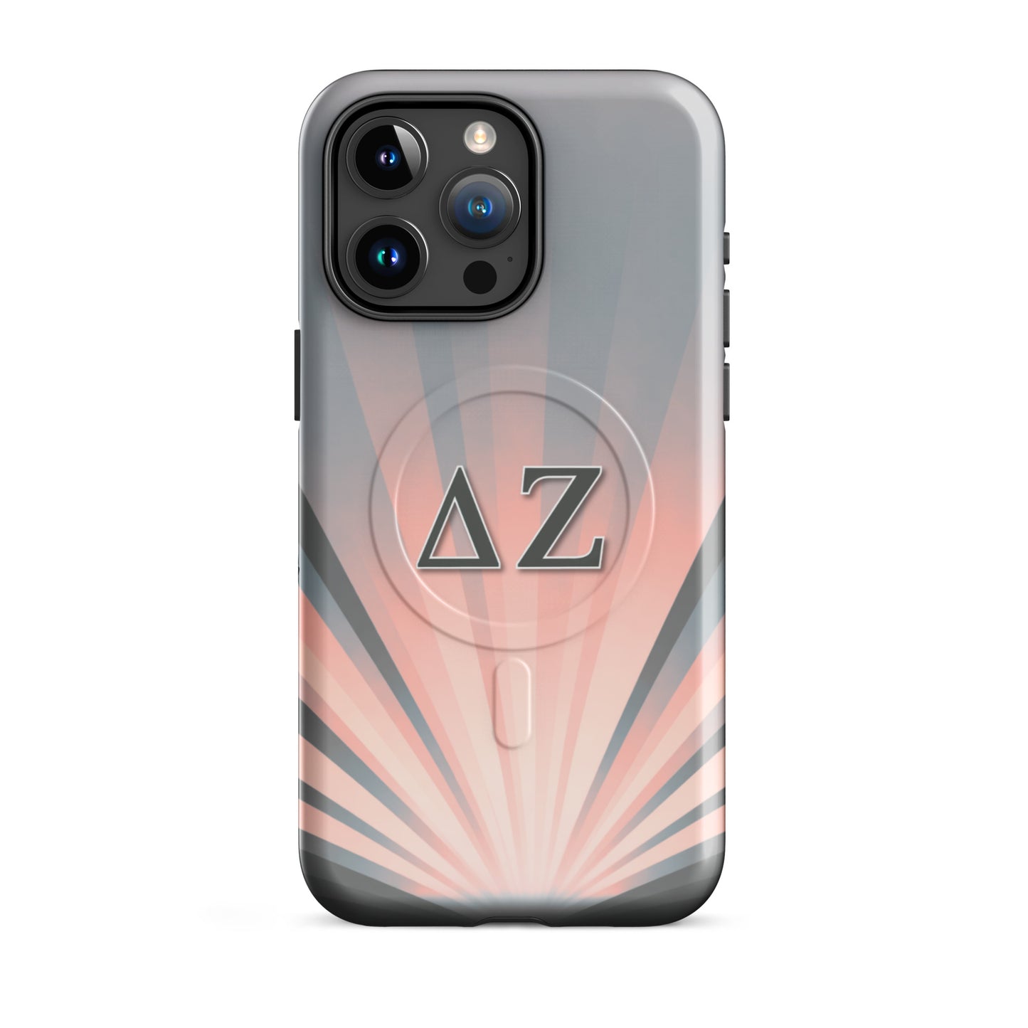 Delta Zeta iPhone 15 Pro Max MagSafe case pink and gray sunburst with ΔΖ Greek letters glossy or matte finish