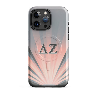 Delta Zeta iPhone 15 Pro Max MagSafe case pink and gray sunburst with ΔΖ Greek letters glossy or matte finish