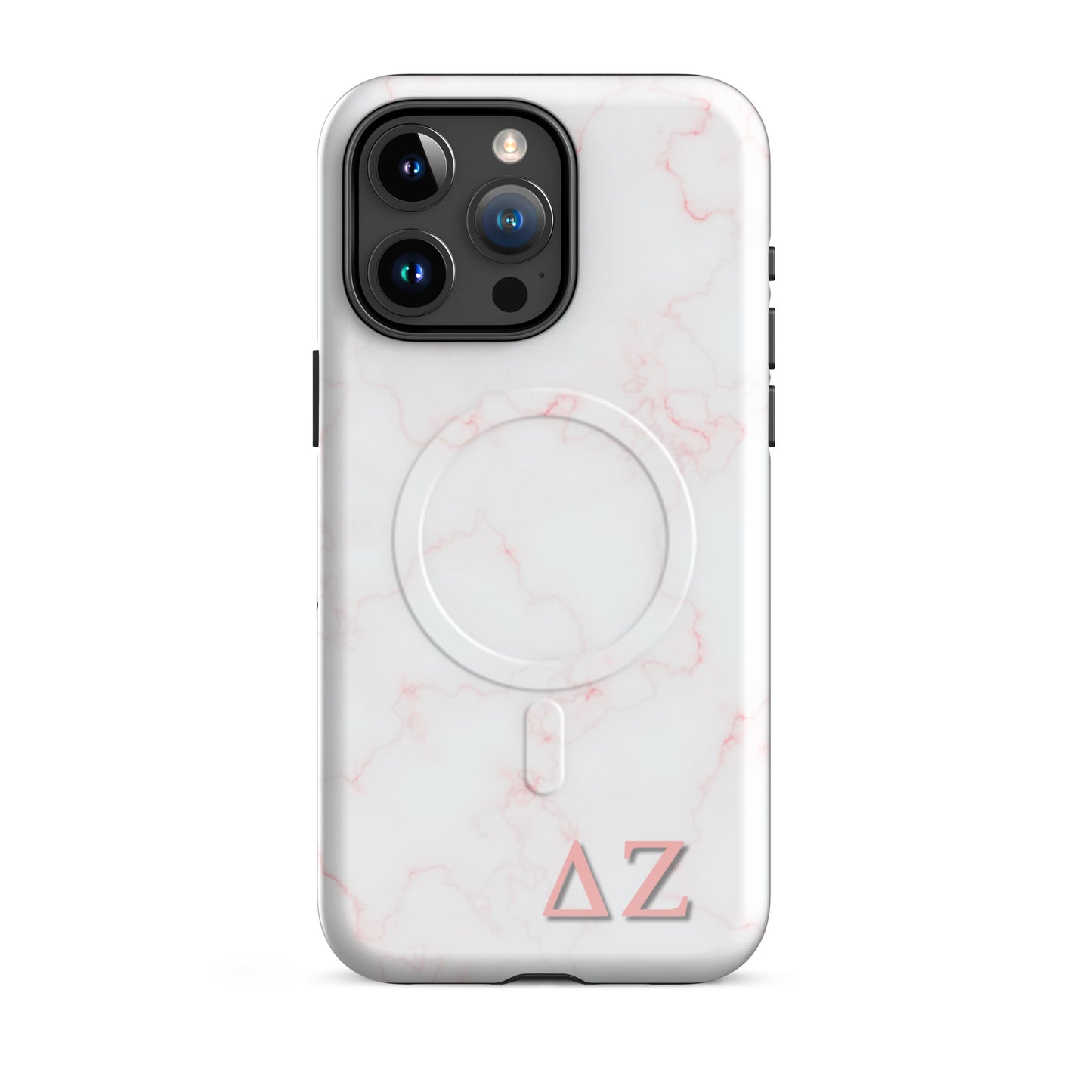 Delta Zeta pink marble iPhone 15 Pro Max MagSafe case with ΔΖ letters glossy or matte