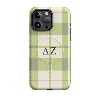 Delta Zeta phone case green plaid design MagSafe compatible tough cover glossy or matte shown on iPhone 15 Pro Max