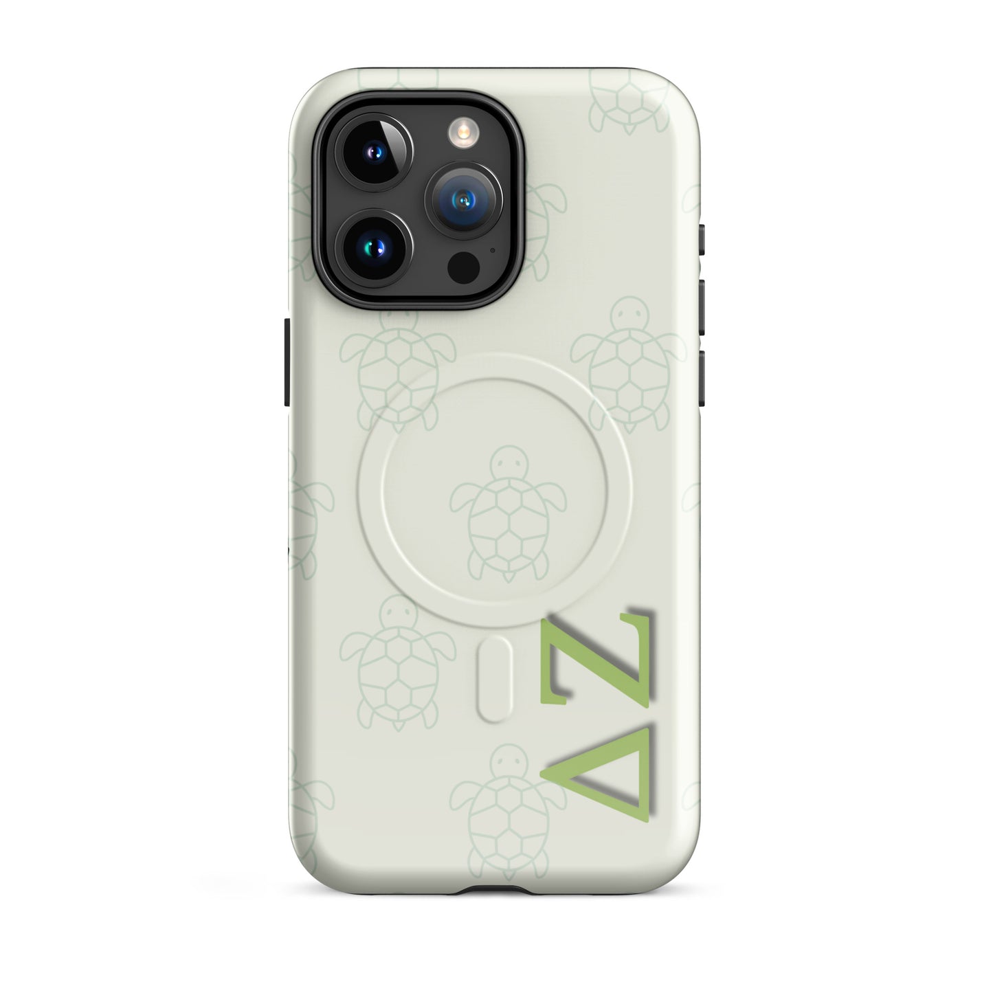 Delta Zeta iPhone 15 Pro Max case with soft green turtle design and ΔΖ Greek letters