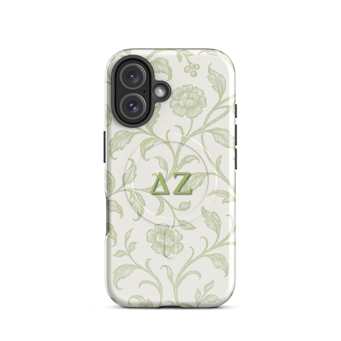 Delta Zeta phone case green botanical design MagSafe compatible tough cover glossy or matte shown on iPhone 16