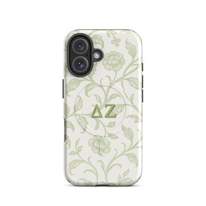 Delta Zeta phone case green botanical design MagSafe compatible tough cover glossy or matte shown on iPhone 16