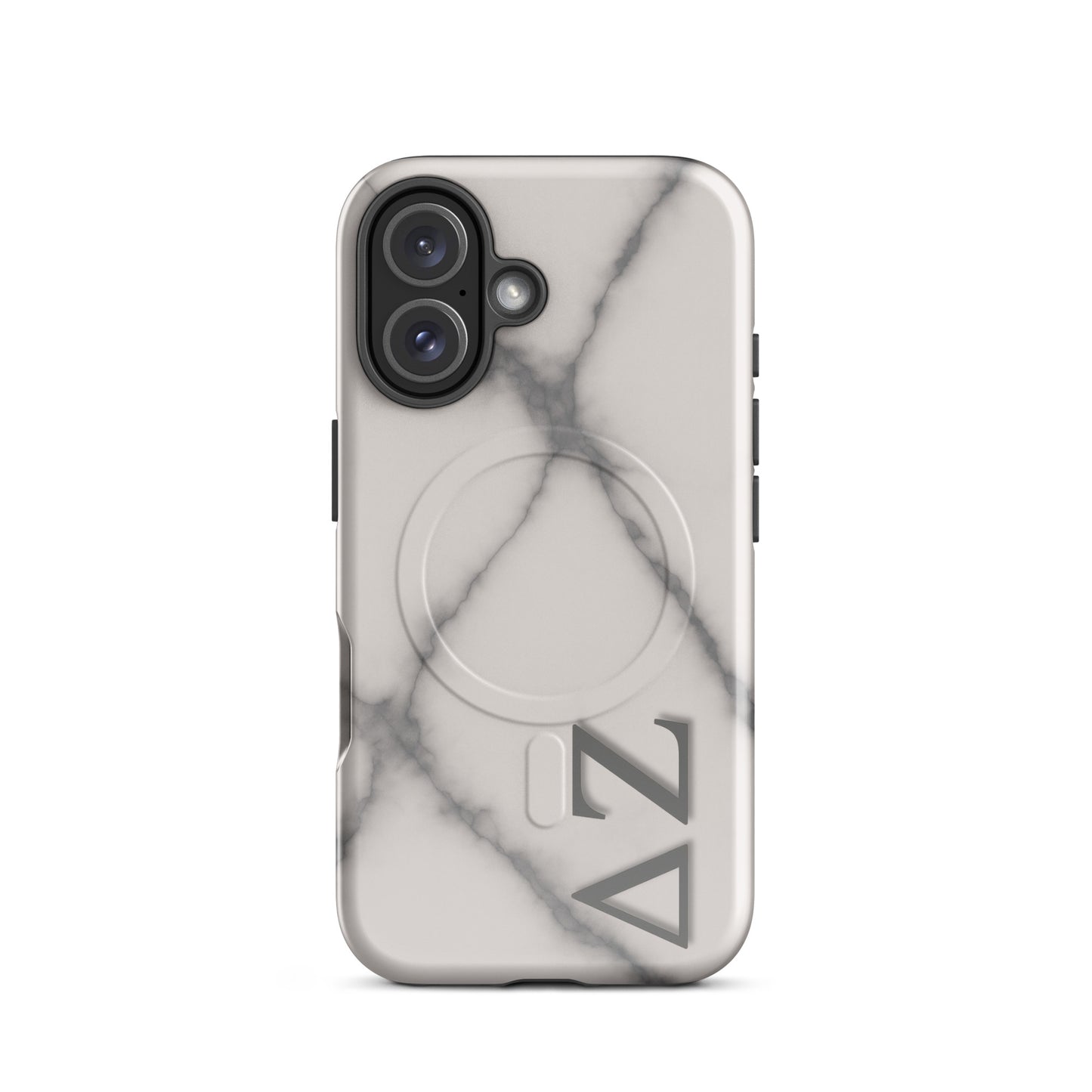 Delta Zeta iPhone 16 MagSafe case white gray marble with ΔΖ letters glossy or matte