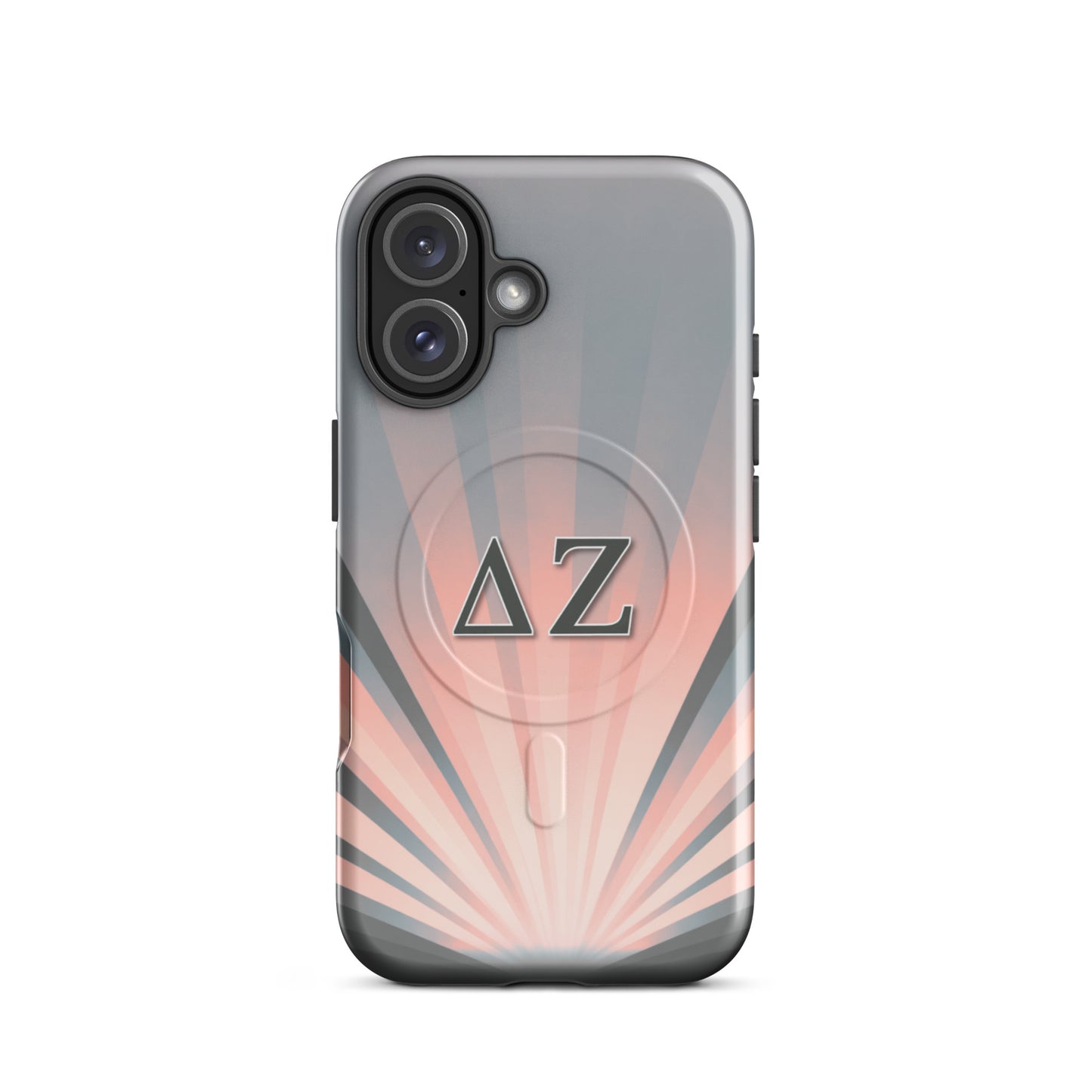Delta Zeta glossy iPhone 16 case with pink gray sunburst design and ΔΖ Greek letters MagSafe compatible