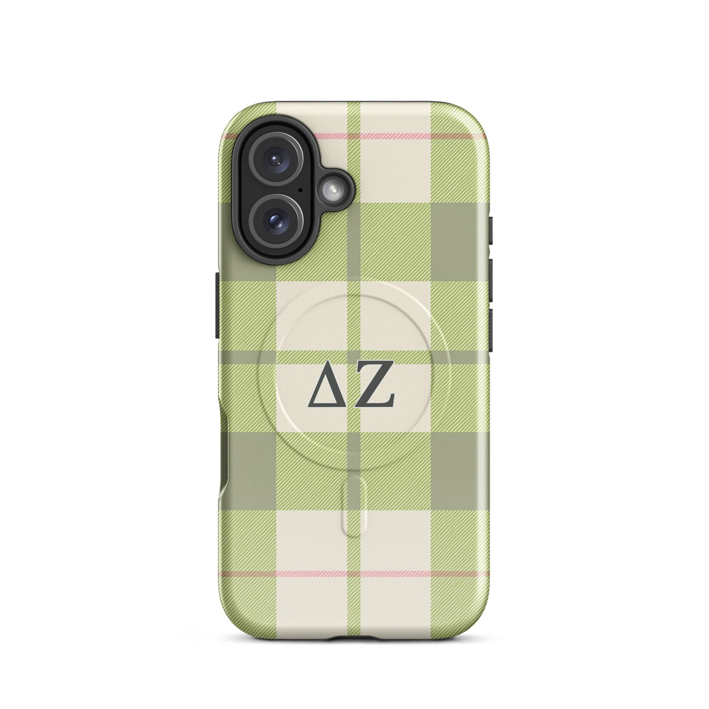 Delta Zeta iPhone 16 case with green plaid pattern and ΔΖ Greek letters