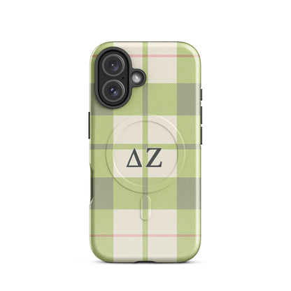 Delta Zeta iPhone 16 case with green plaid pattern and ΔΖ Greek letters