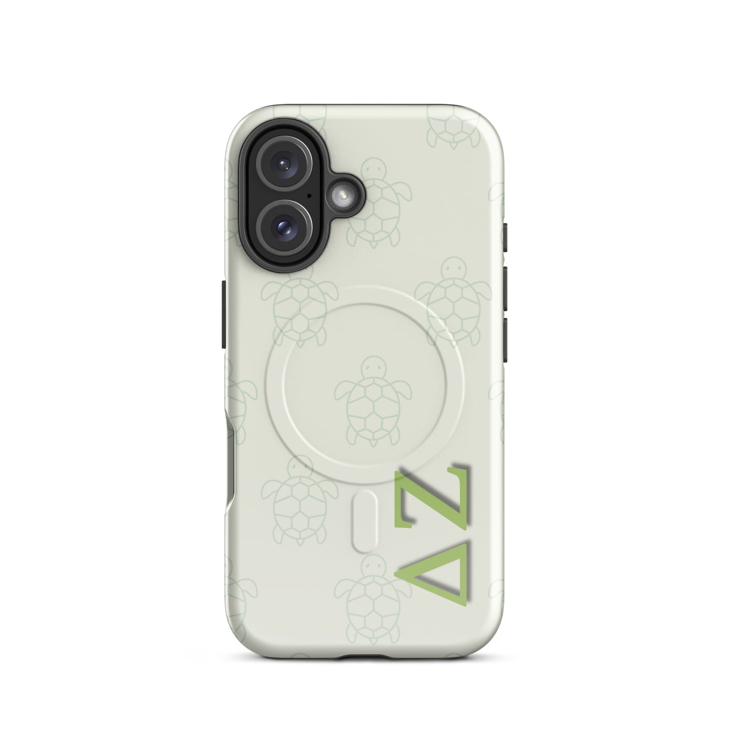 Delta Zeta phone case turtle pattern MagSafe compatible tough cover glossy or matte shown on iPhone 16