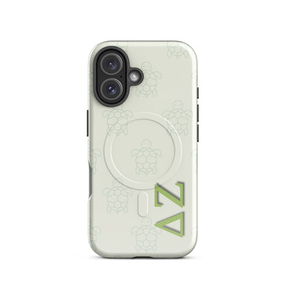 Delta Zeta phone case turtle pattern MagSafe compatible tough cover glossy or matte shown on iPhone 16