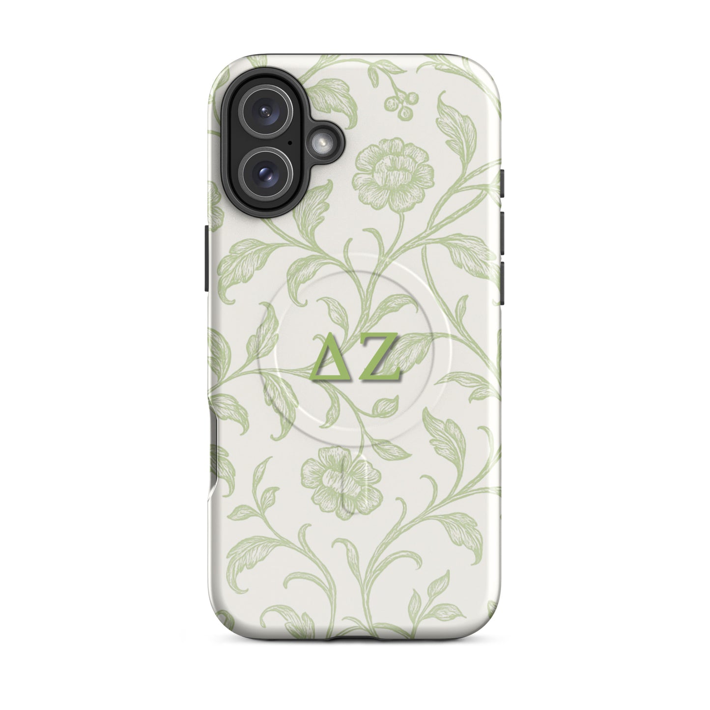 Delta Zeta green floral iPhone 16 Plus MagSafe case with ΔΖ letters glossy or matte