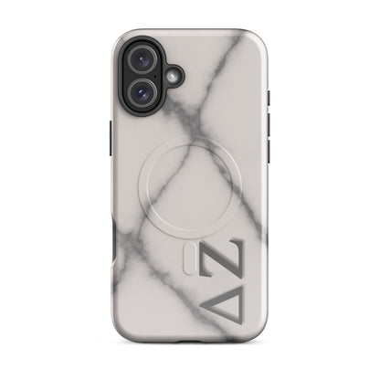 Delta Zeta marble iPhone 16 Plus case with white gray stone pattern and ΔΖ Greek letters