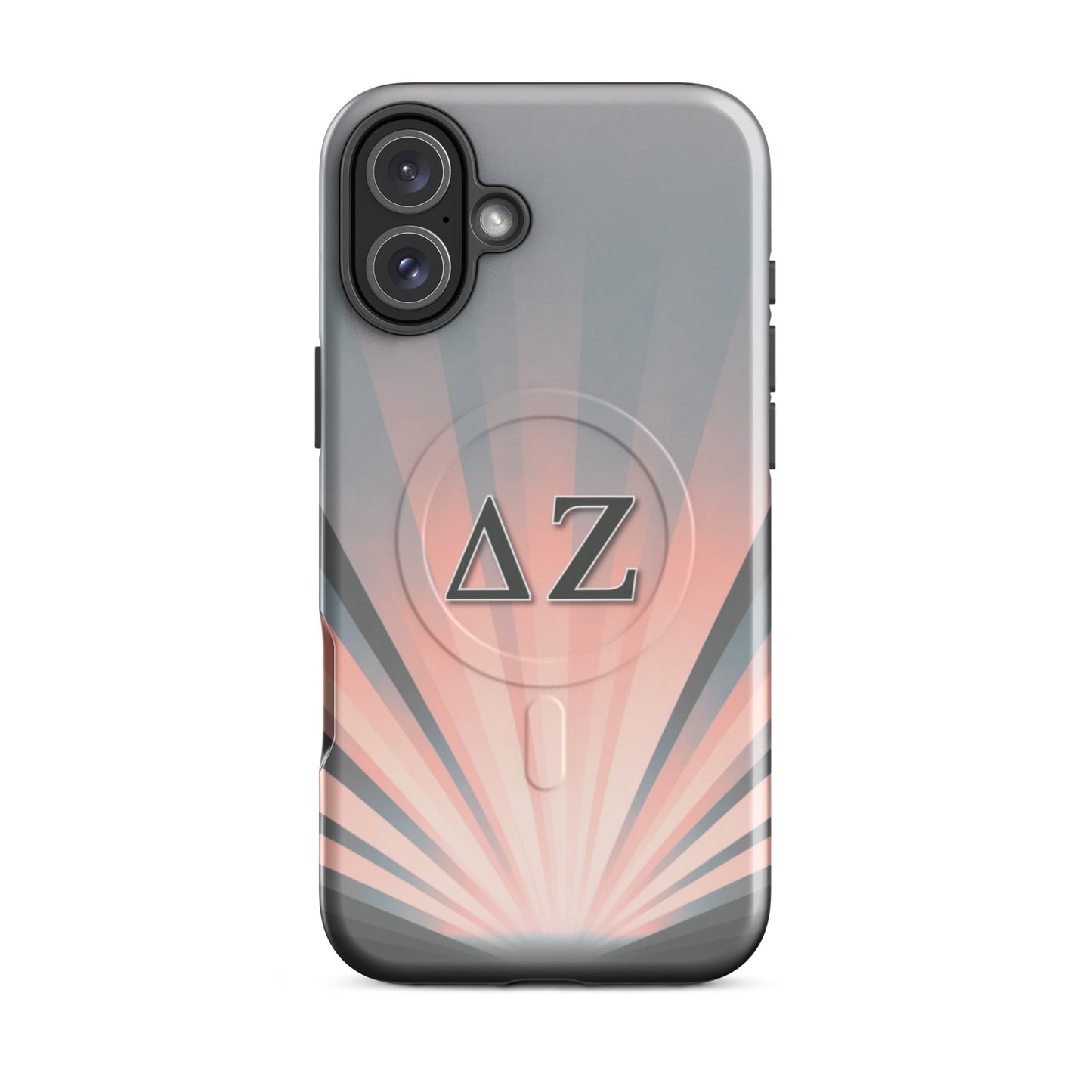 Delta Zeta matte iPhone 16 Plus case with soft pink and gray rays and ΔΖ letters MagSafe tough cover