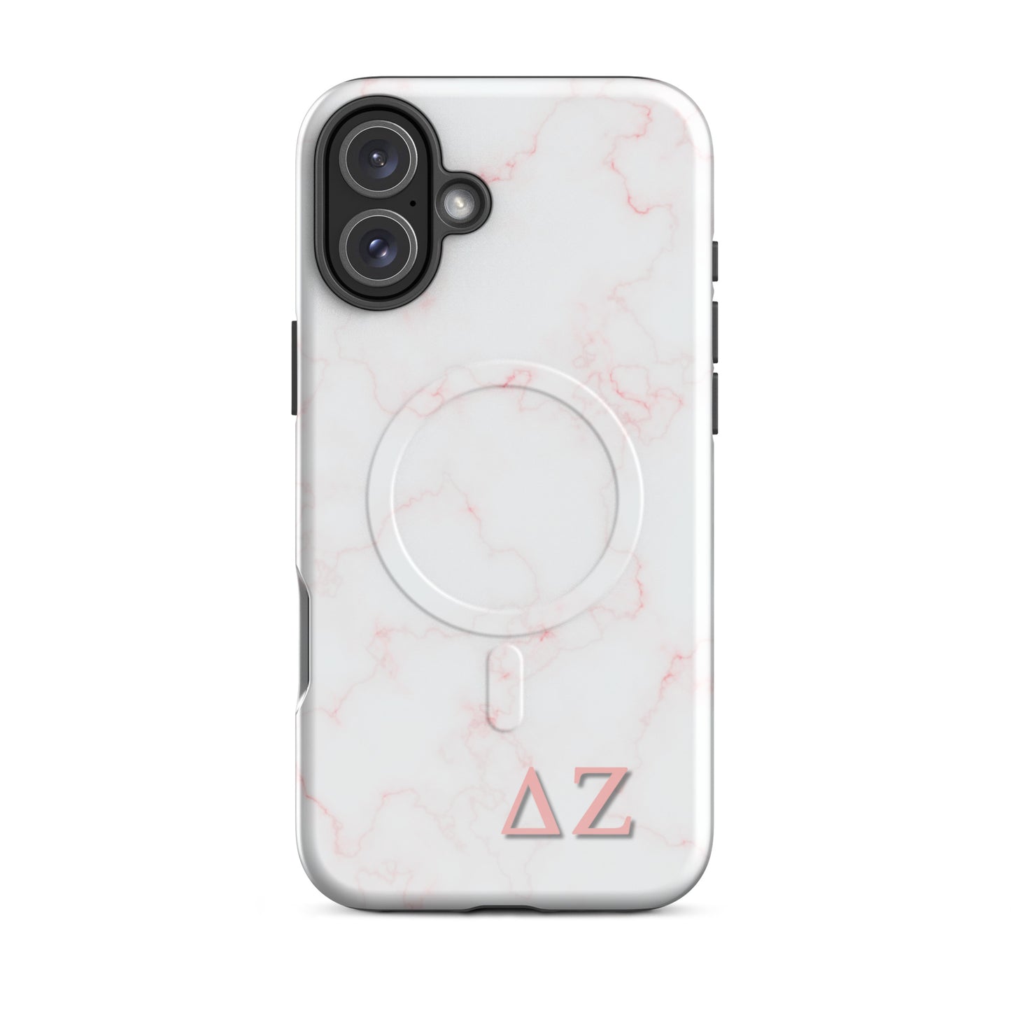 Delta Zeta iPhone 16 Plus case with soft pink marble pattern and ΔΖ Greek letters