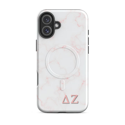 Delta Zeta iPhone 16 Plus case with soft pink marble pattern and ΔΖ Greek letters