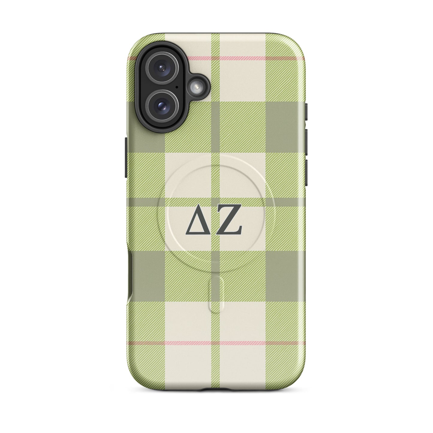 Delta Zeta green plaid iPhone 16 Plus MagSafe case with ΔΖ letters glossy or matte