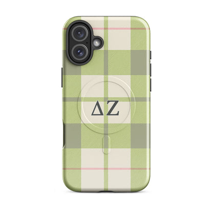 Delta Zeta green plaid iPhone 16 Plus MagSafe case with ΔΖ letters glossy or matte