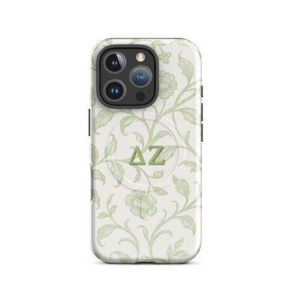 Delta Zeta iPhone 16 Pro case with soft green floral pattern and ΔΖ Greek letters