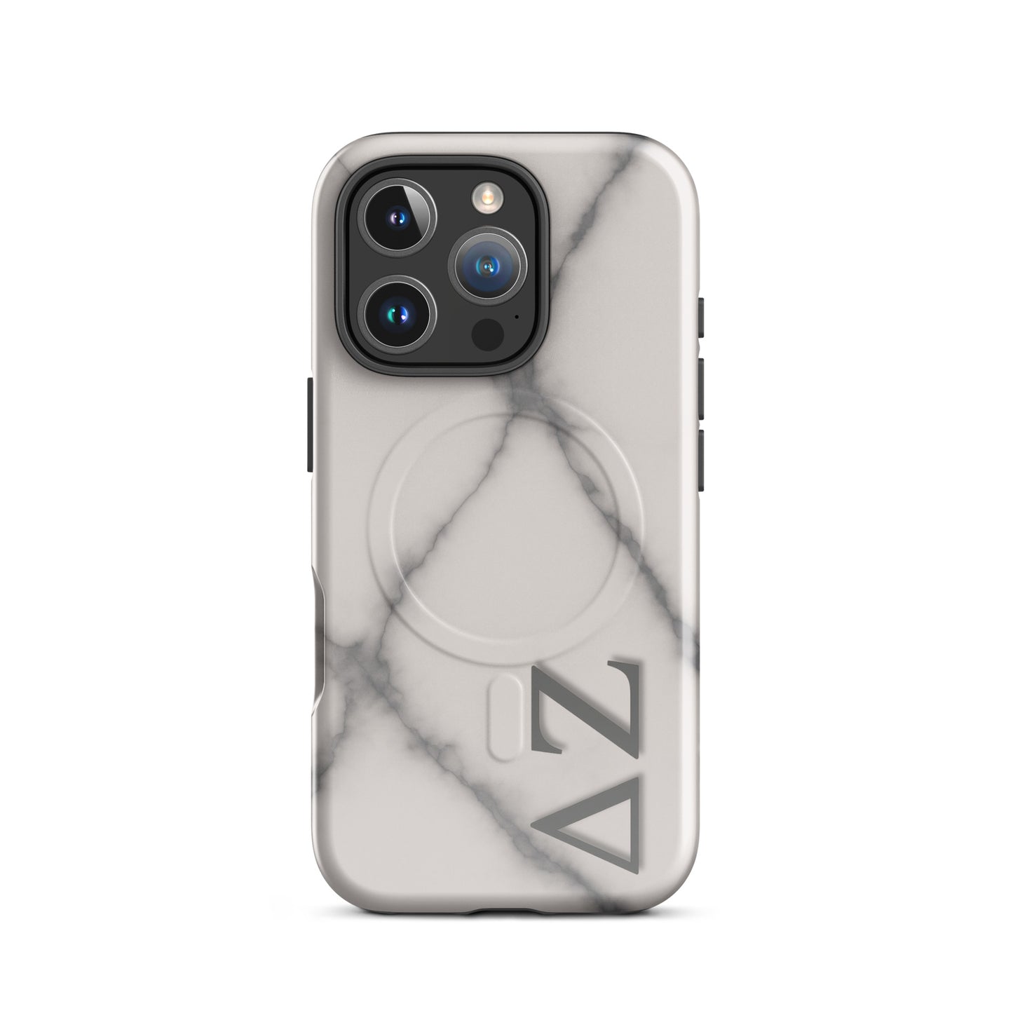 Delta Zeta phone case with marble design MagSafe compatible tough cover in glossy or matte finish showing on iPhone 16 Pro