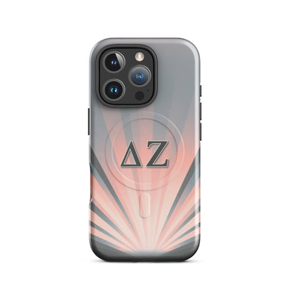Delta Zeta iPhone 16 Pro MagSafe case pink and gray sunburst with ΔΖ Greek letters glossy or matte finish