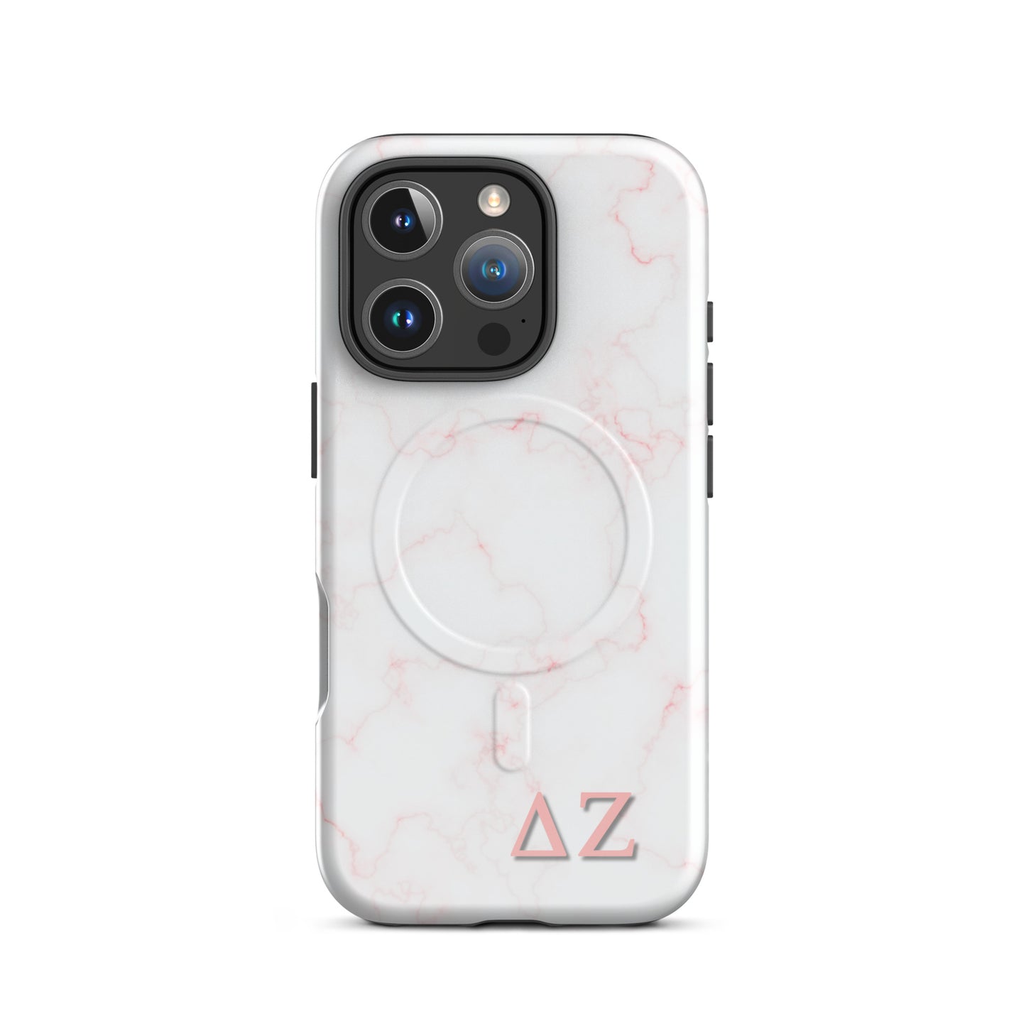 Delta Zeta phone case pink marble design MagSafe compatible tough cover glossy or matte shown on iPhone 16 Pro
