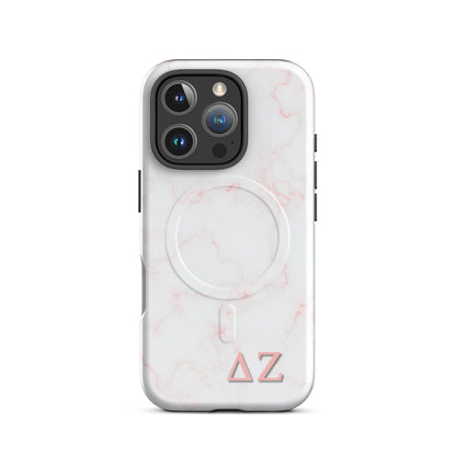 Delta Zeta phone case pink marble design MagSafe compatible tough cover glossy or matte shown on iPhone 16 Pro
