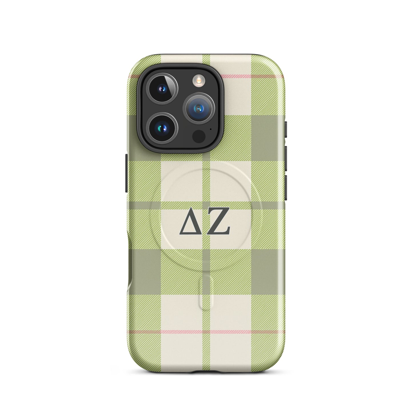 Delta Zeta phone case green plaid design MagSafe compatible tough cover glossy or matte shown on iPhone 16 Pro