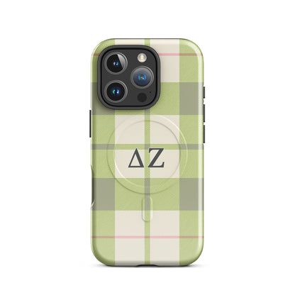 Delta Zeta phone case green plaid design MagSafe compatible tough cover glossy or matte shown on iPhone 16 Pro