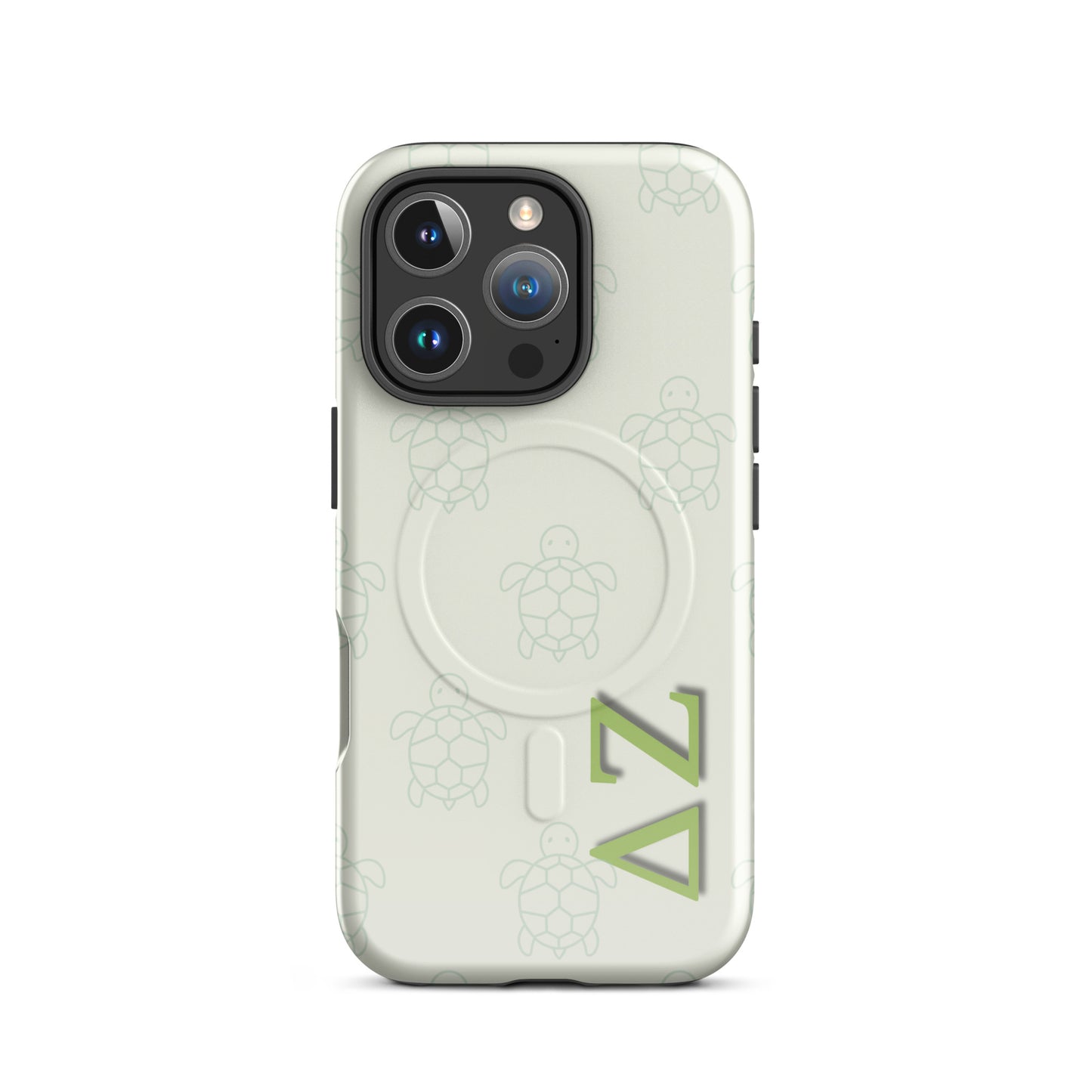 Delta Zeta iPhone 16 Pro case with soft green turtle design and ΔΖ Greek letters