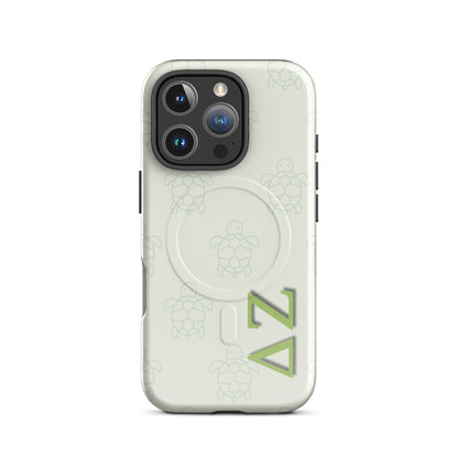 Delta Zeta iPhone 16 Pro case with soft green turtle design and ΔΖ Greek letters