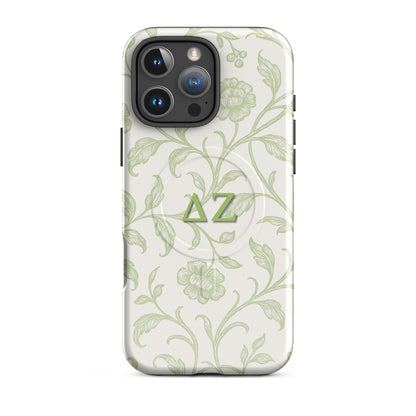 Delta Zeta phone case green botanical design MagSafe compatible tough cover glossy or matte shown on iPhone 16 Pro Max