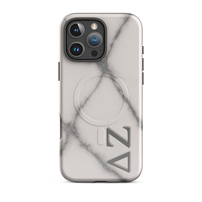 Delta Zeta iPhone 16 Pro Max MagSafe case white gray marble with ΔΖ letters glossy or matte