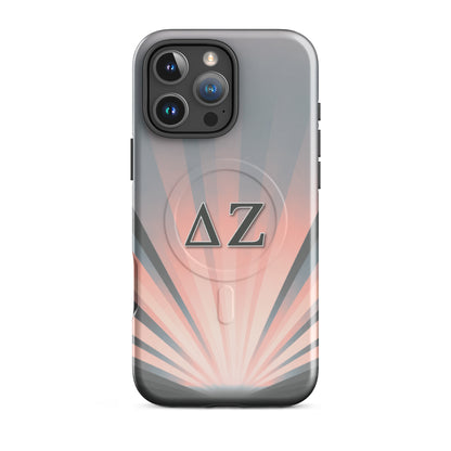 Delta Zeta glossy iPhone 16 Pro Max case with pink gray sunburst design and ΔΖ Greek letters MagSafe compatible