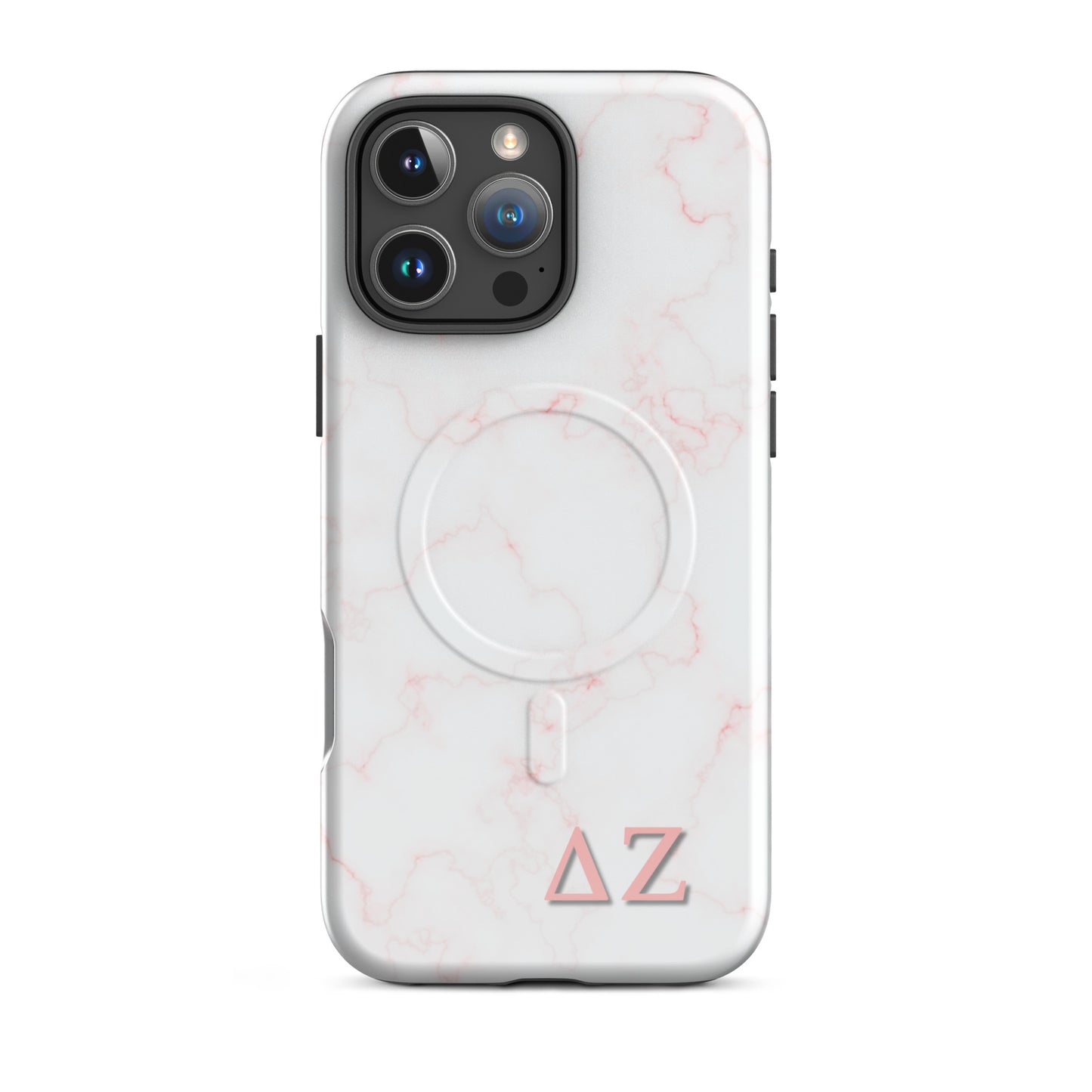 Delta Zeta pink marble iPhone 16 Pro Max MagSafe case with ΔΖ letters glossy or matte